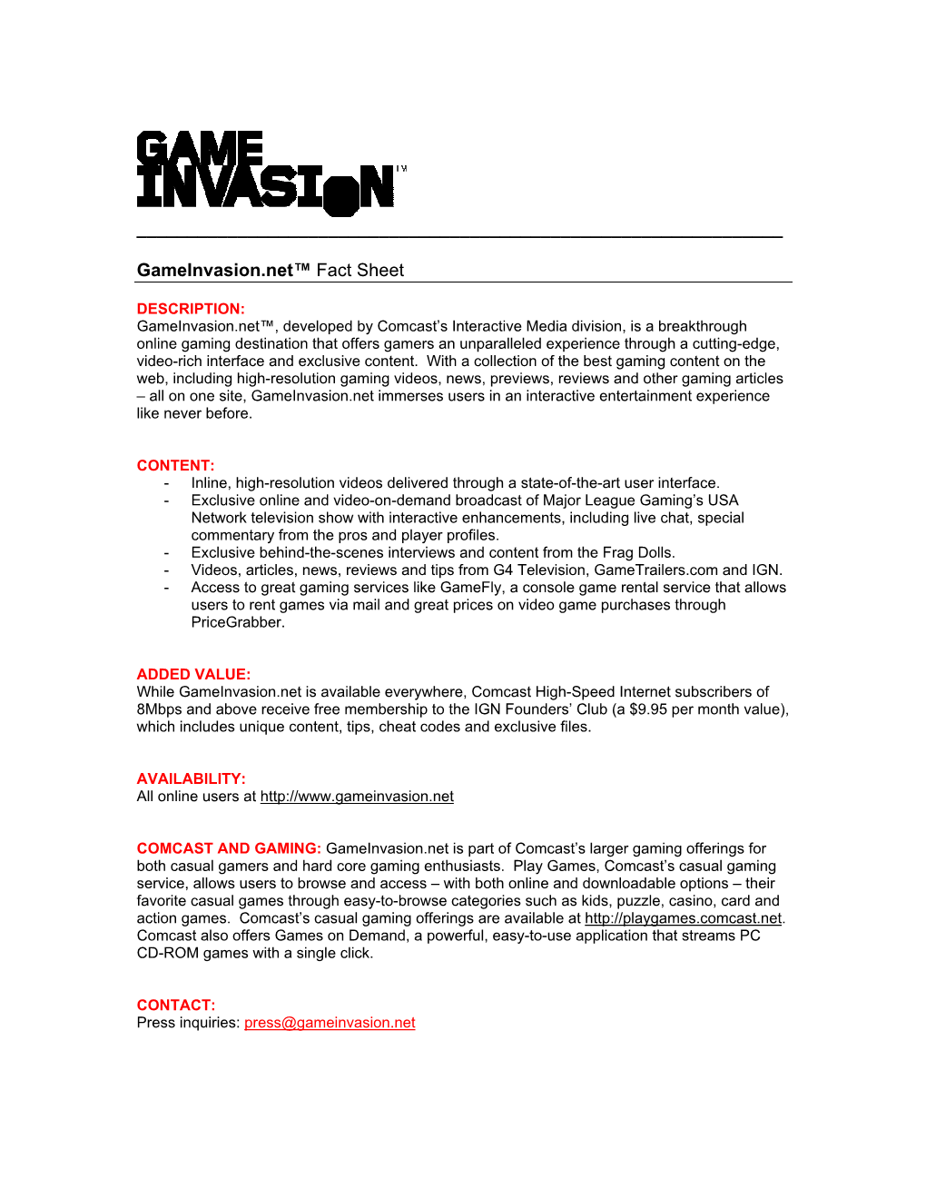 Gameinvasion.Net™ Fact Sheet