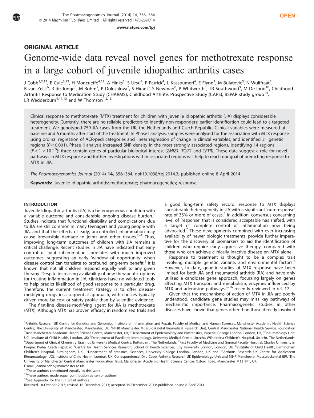 Genome-Wide Data Reveal Novel Genes for Methotrexate Response in a Large Cohort of Juvenile Idiopathic Arthritis Cases