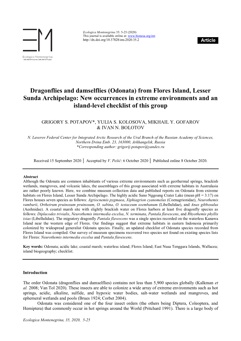 Odonata) from Flores Island, Lesser Sunda Archipelago: New Occurrences in Extreme Environments and an Island-Level Checklist of This Group