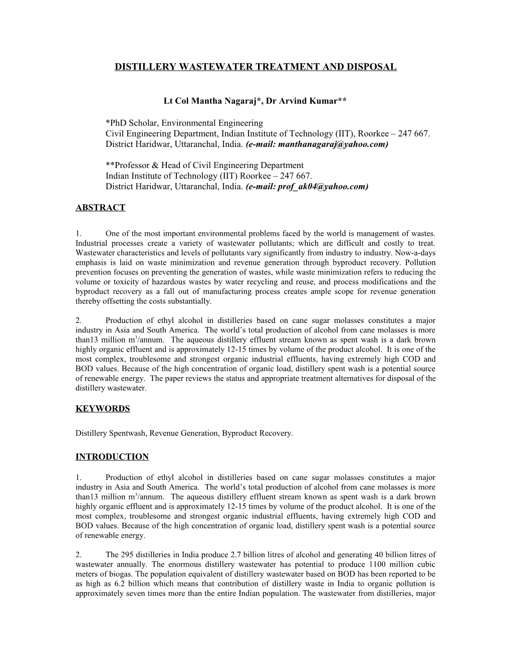 Treatment Of Distillery Wastewater