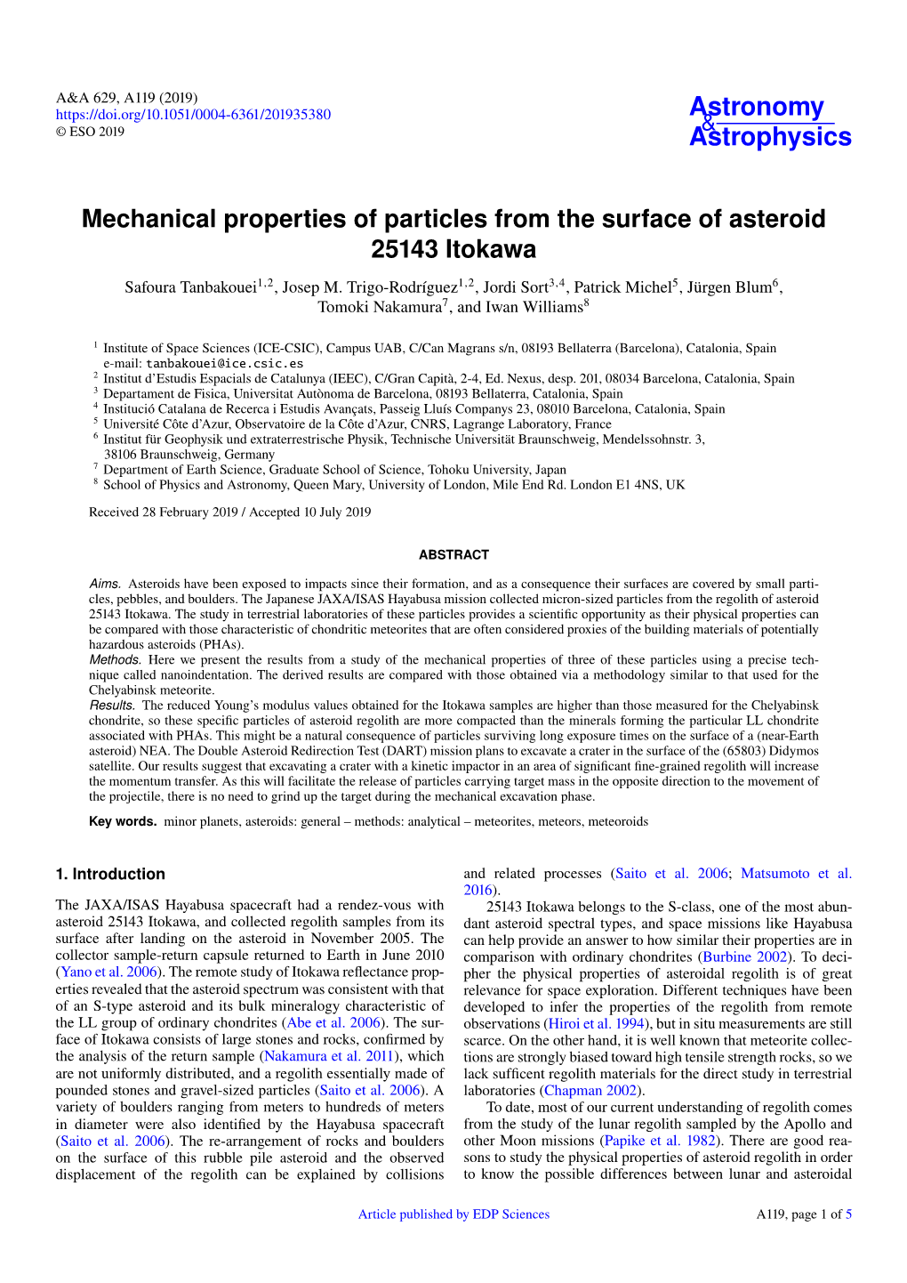 Mechanical Properties of Particles from the Surface of Asteroid 25143 Itokawa Safoura Tanbakouei1,2, Josep M