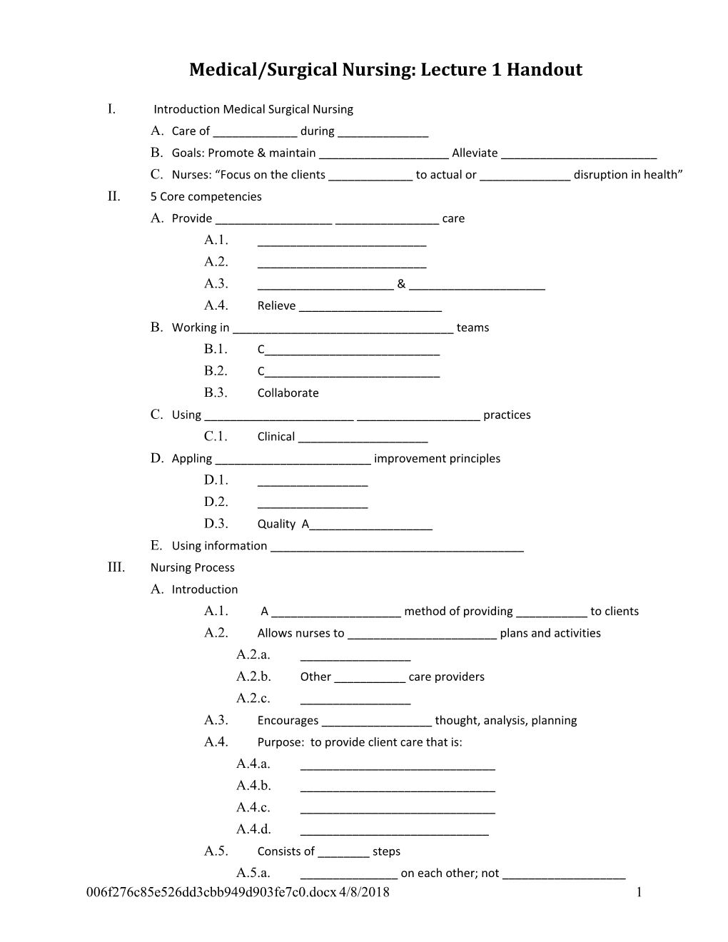 Medical/Surgical Nursing: Lecture 1 Handout