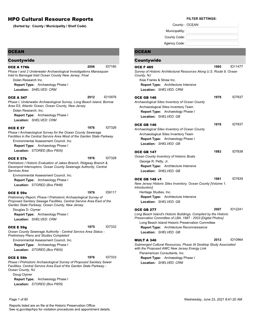 HPO Cultural Resource Reports FILTER SETTINGS: (Sorted By: County / Municipality / Shelf Code) County:: OCEAN Municipallity: County Code: Agency Code