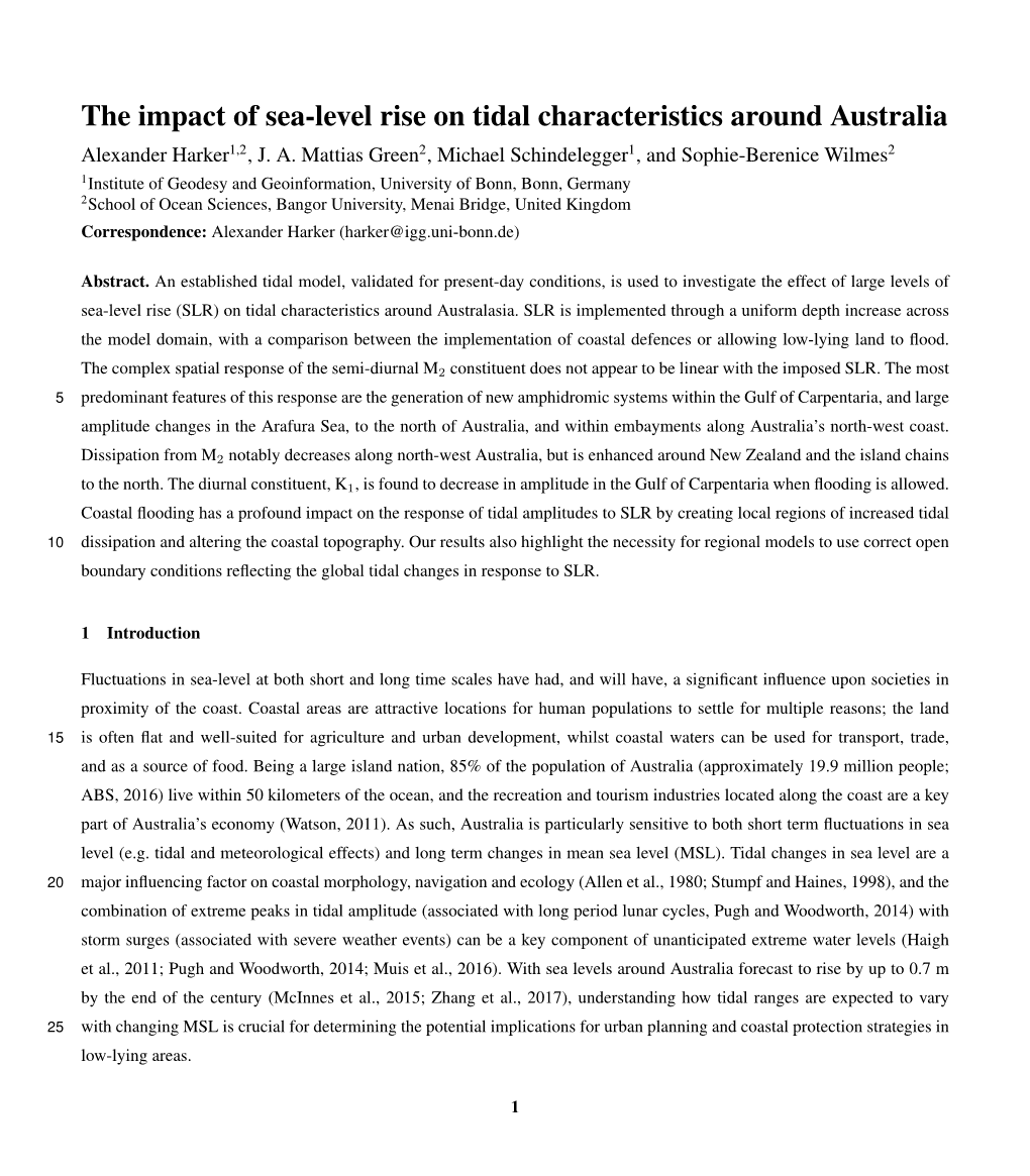 The Impact of Sea-Level Rise on Tidal Characteristics Around Australia Alexander Harker1,2, J