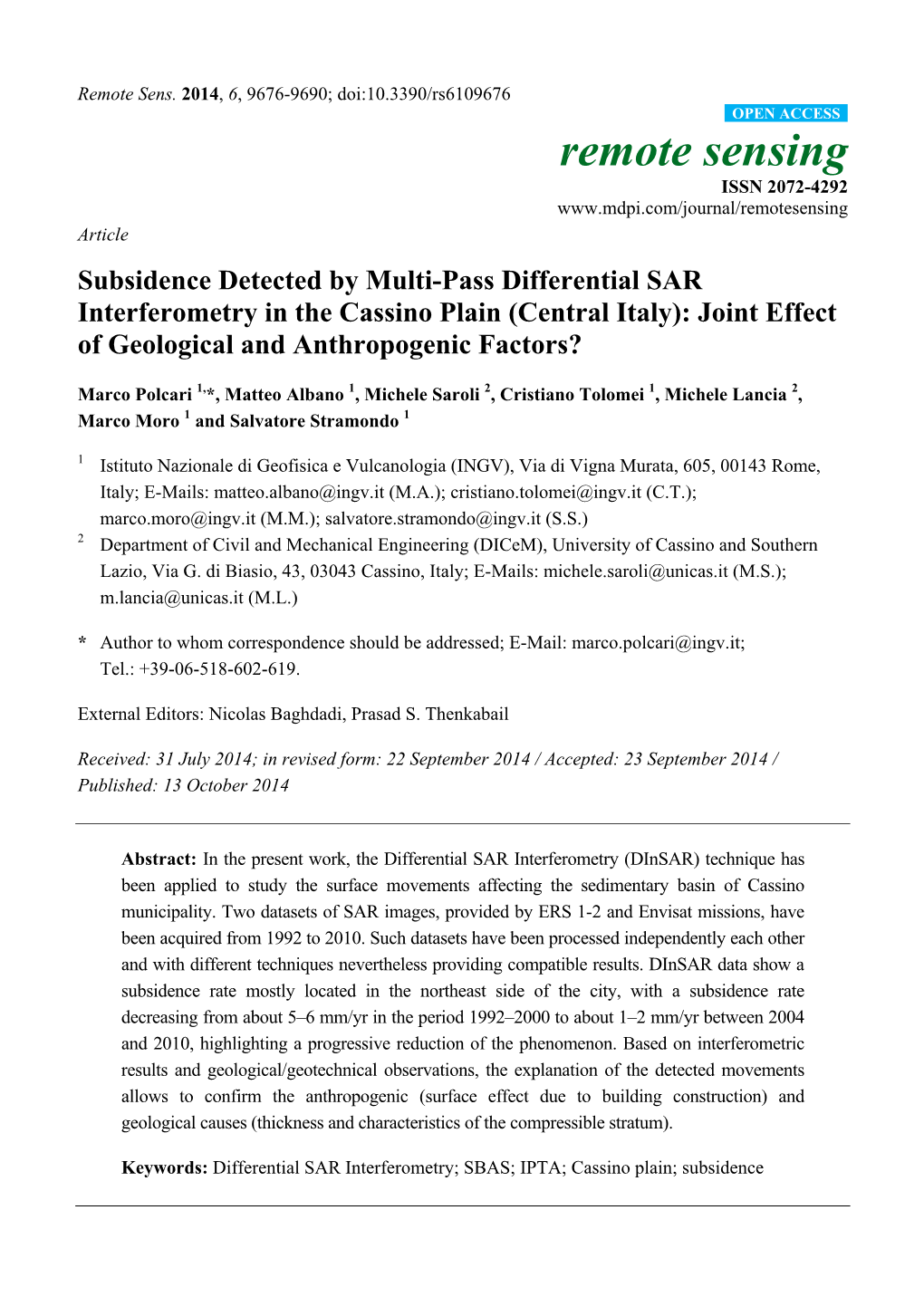 Subsidence Detected by Multi-Pass Differential SAR Interferometry in the Cassino Plain (Central Italy): Joint Effect of Geological and Anthropogenic Factors?