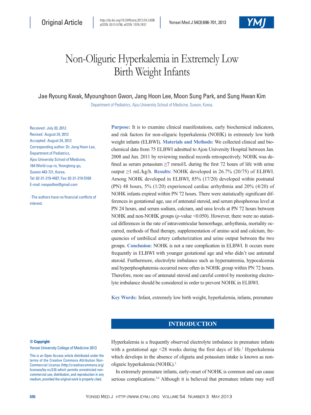 Non-Oliguric Hyperkalemia in Extremely Low Birth Weight Infants