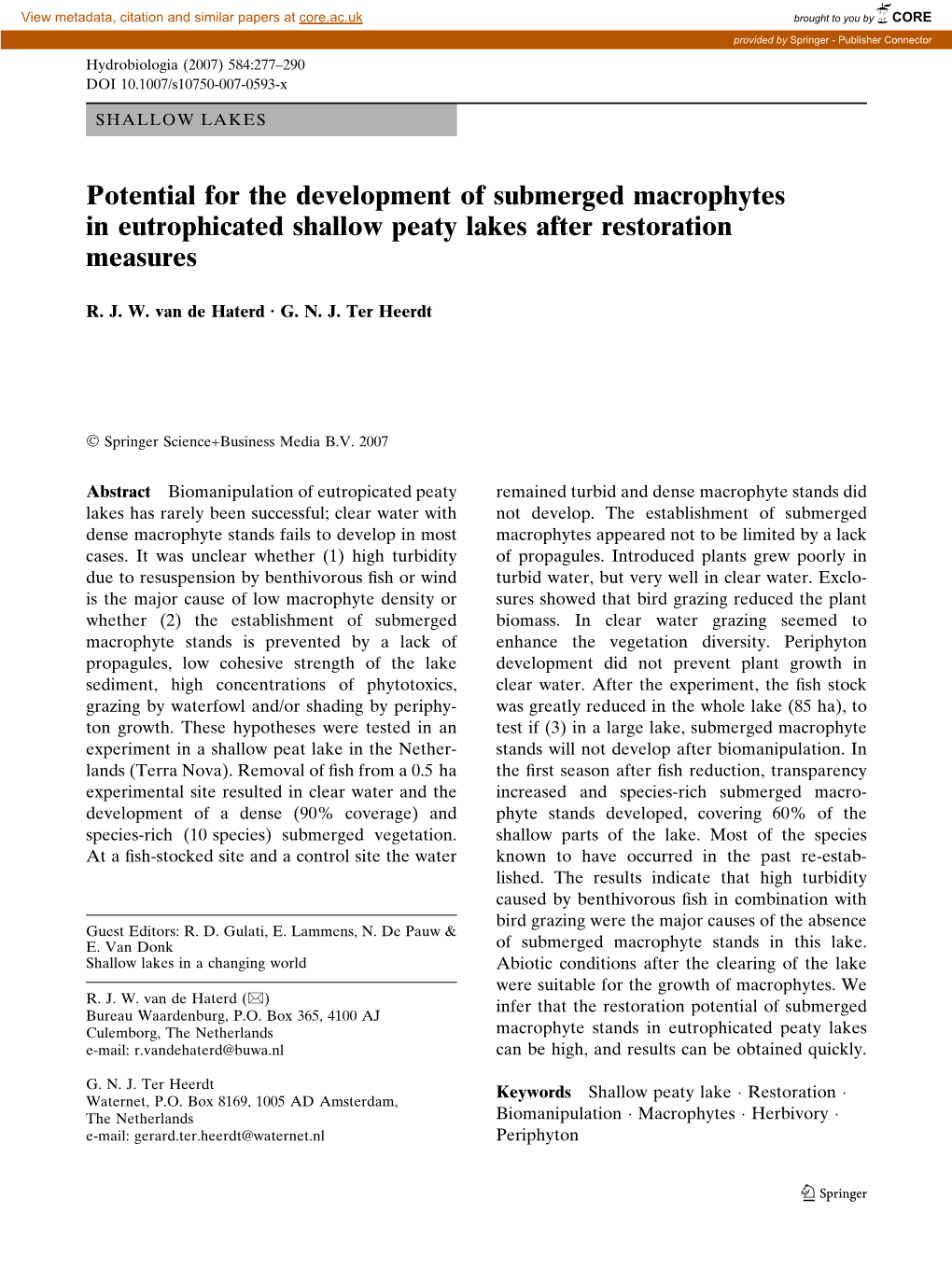Potential for the Development of Submerged Macrophytes in Eutrophicated Shallow Peaty Lakes After Restoration Measures