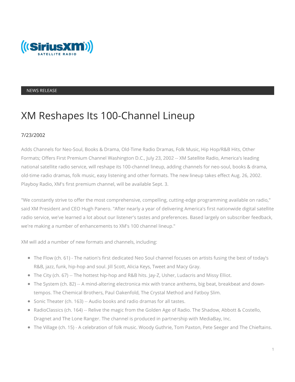 XM Reshapes Its 100-Channel Lineup