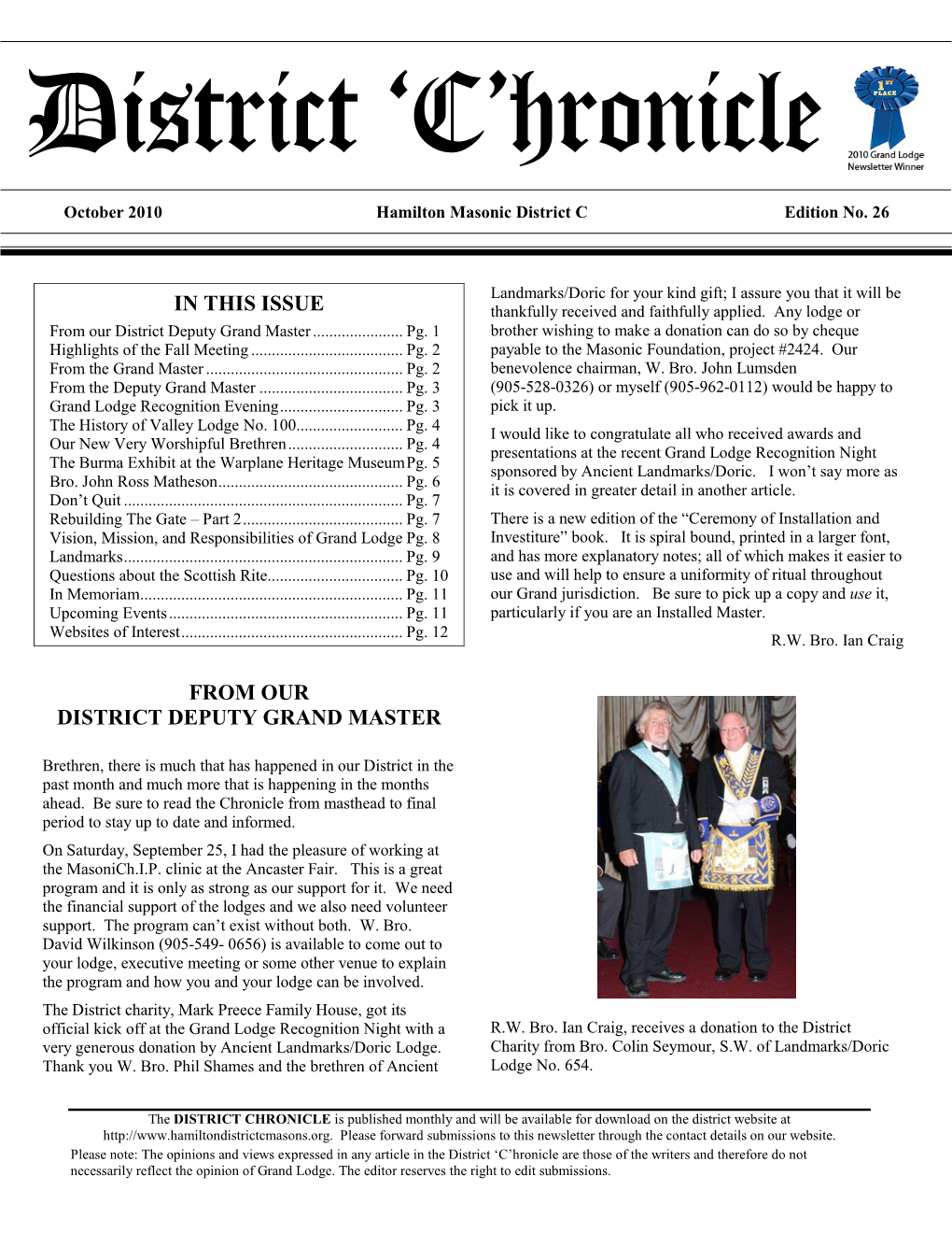 In This Issue from Our District Deputy Grand Master