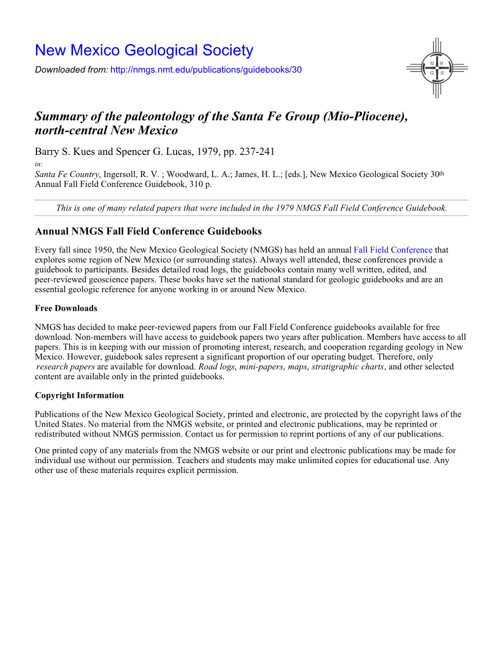 Summary of the Paleontology of the Santa Fe Group (Mio-Pliocene), North-Central New Mexico Barry S