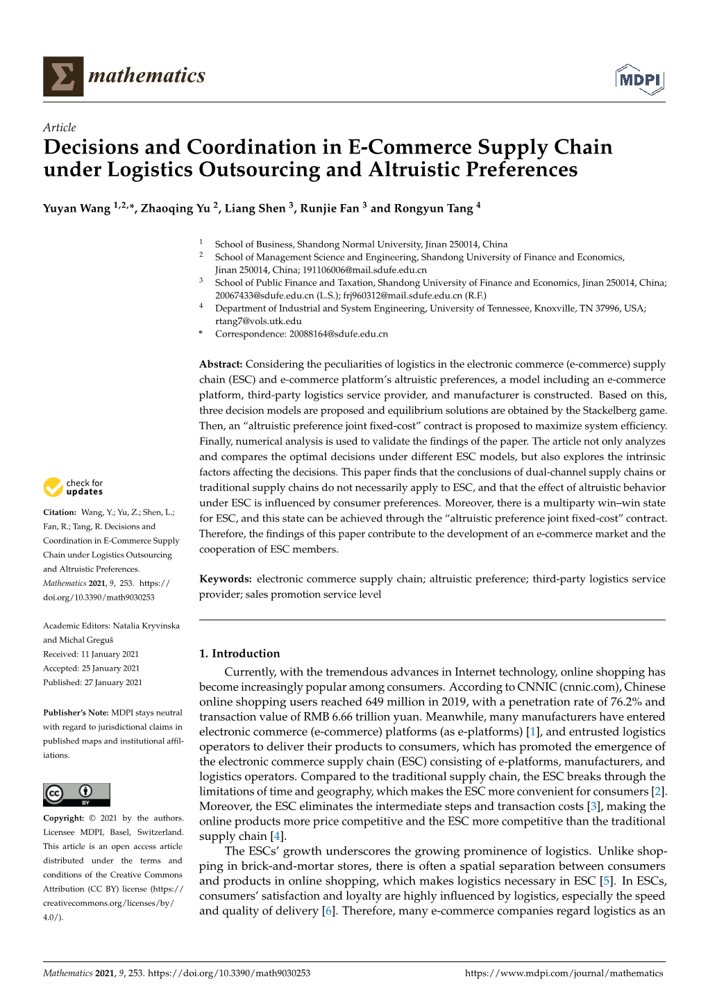 Decisions and Coordination in E-Commerce Supply Chain Under Logistics Outsourcing and Altruistic Preferences
