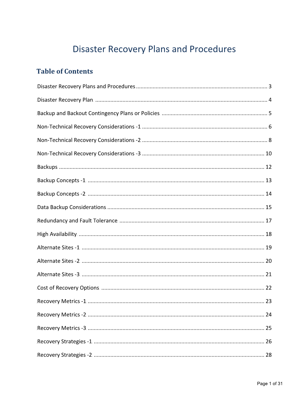 Disaster Recovery Plans and Procedures