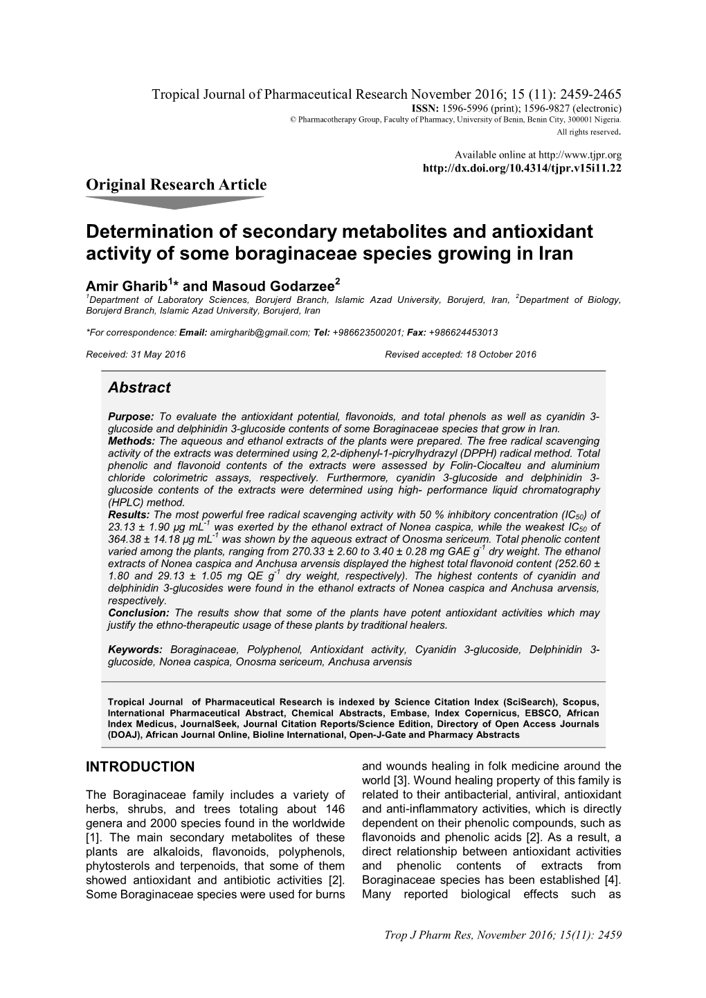 Determination of Secondary Metabolites and Antioxidant Activity of Some Boraginaceae Species Growing in Iran