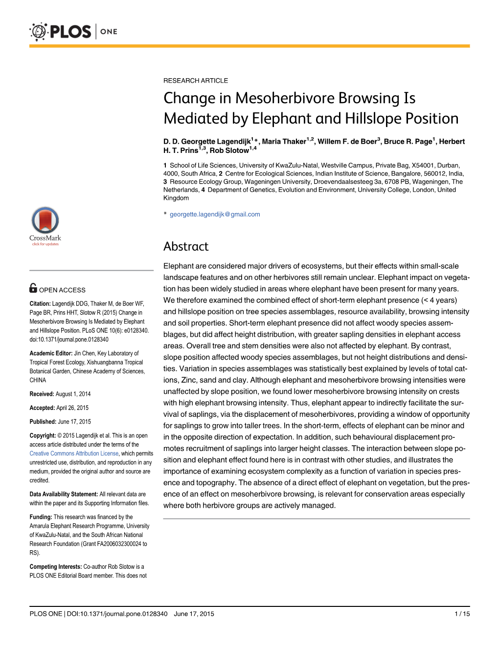 Change in Mesoherbivore Browsing Is Mediated by Elephant and Hillslope Position
