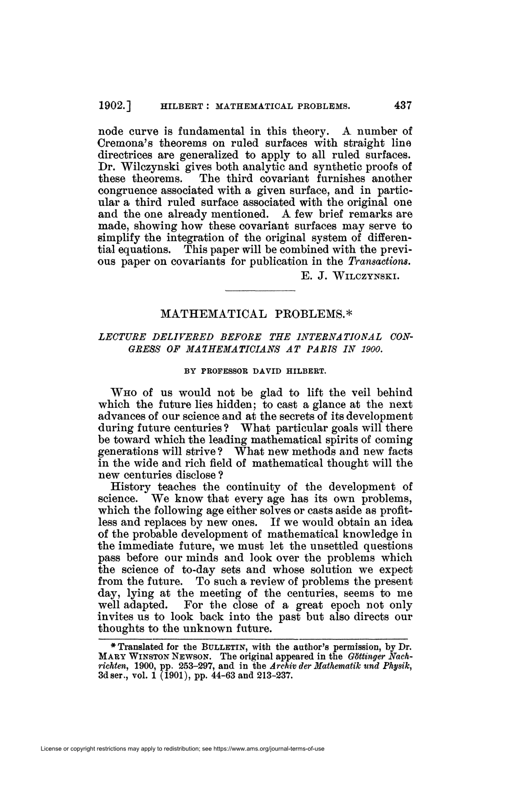 1902.] HILBERT : MATHEMATICAL PROBLEMS. 437 Node Curve Is Fundamental in This Theory. a Number of Cremona's Theorems on Ruled Su