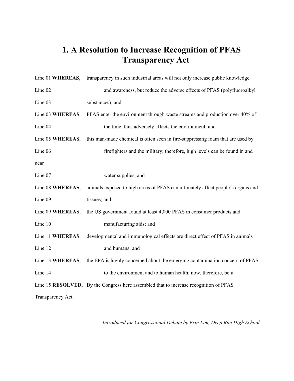 1. a Resolution to Increase Recognition of PFAS Transparency Act