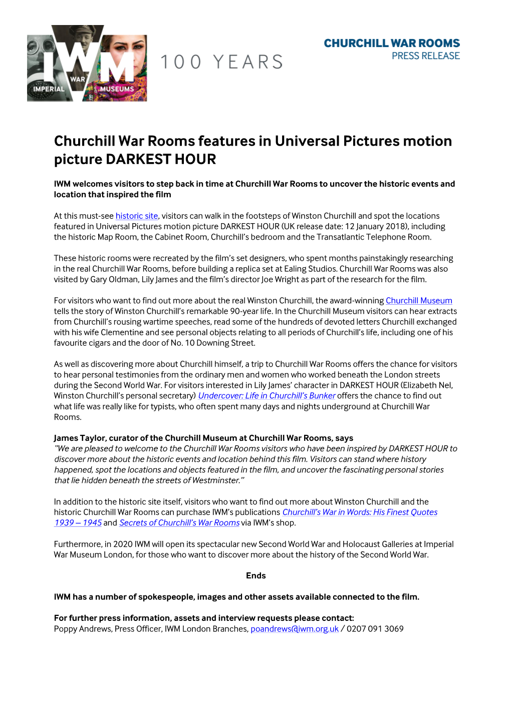 Churchill War Rooms Features in Universal Pictures Motion Picture DARKEST HOUR