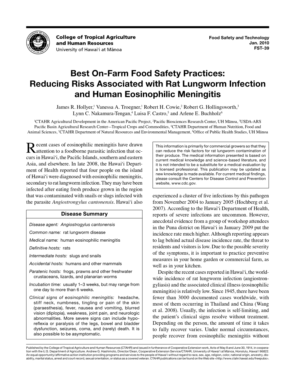 Reducing Risks Associated with Rat Lungworm Infection and Human Eosinophilic Meningitis