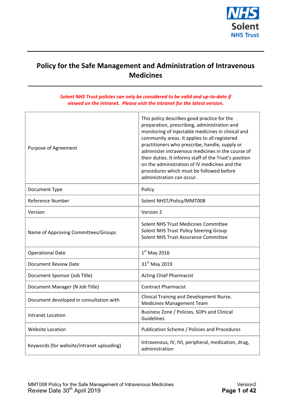 Policy for the Safe Management and Administration of Intravenous Medicines ______