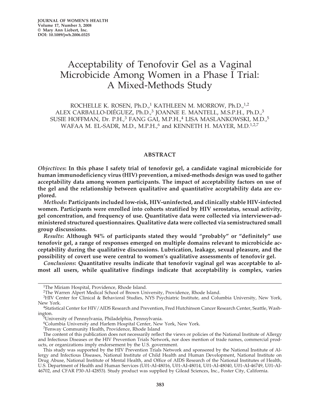 Acceptability of Tenofovir Gel As a Vaginal Microbicide Among Women in a Phase I Trial: a Mixed-Methods Study