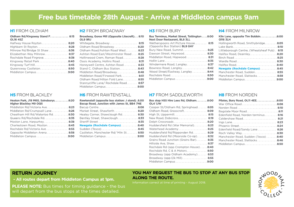 Free Bus Timetable 28Th August - Arrive at Middleton Campus 9Am