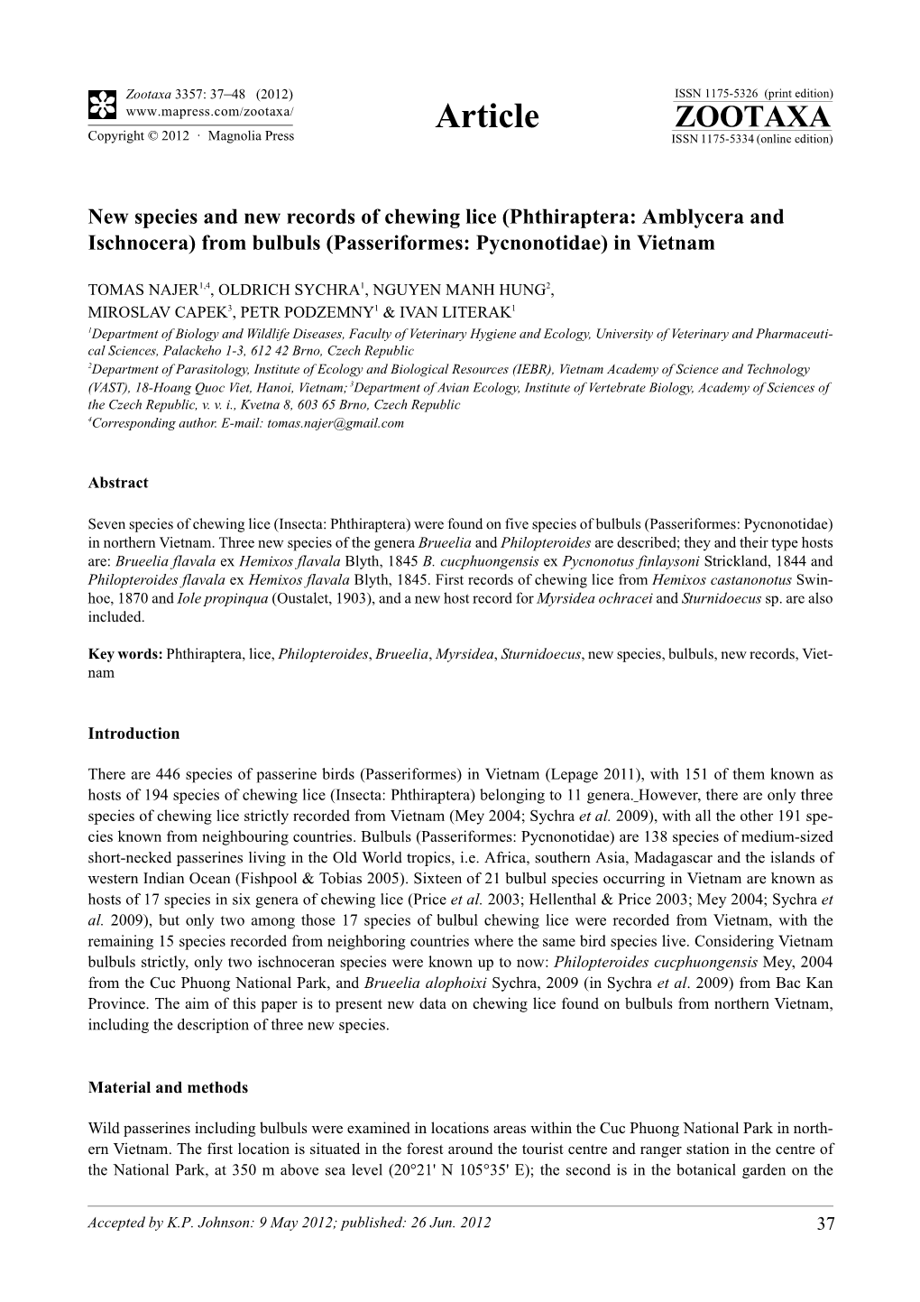 Phthiraptera: Amblycera and Ischnocera) from Bulbuls (Passeriformes: Pycnonotidae) in Vietnam