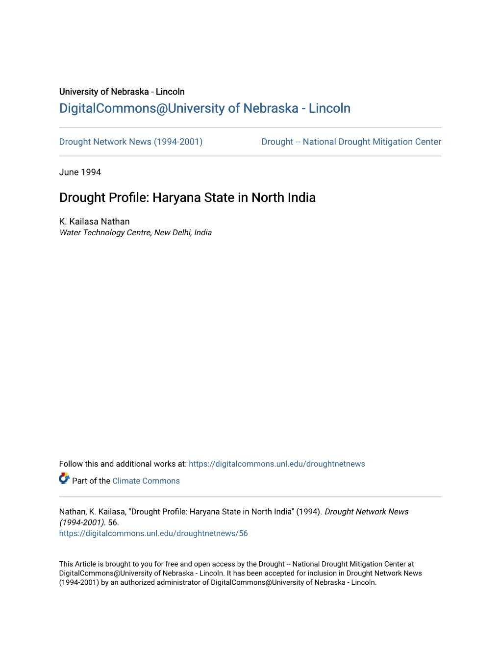 Drought Profile: Haryana State in North India