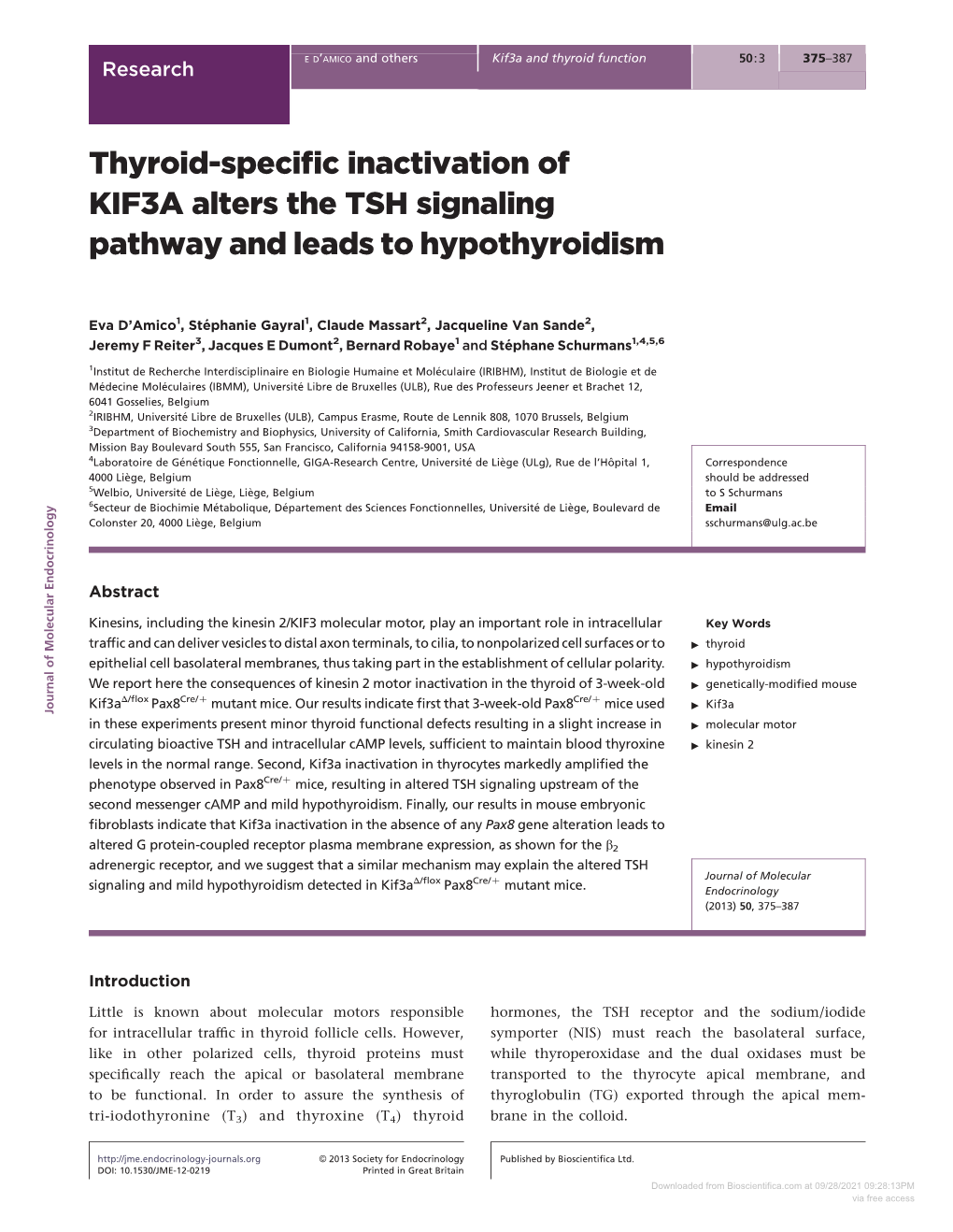 Thyroid-Specific Inactivation of KIF3A Alters the TSH Signaling Pathway