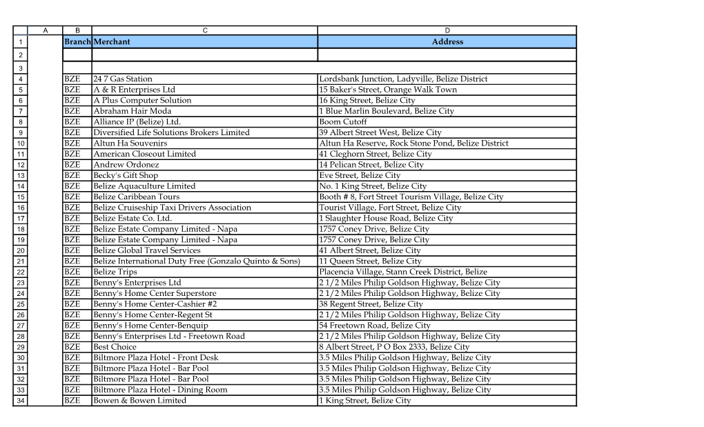 Branch Merchant Address BZE 24 7 Gas Station Lordsbank Junction