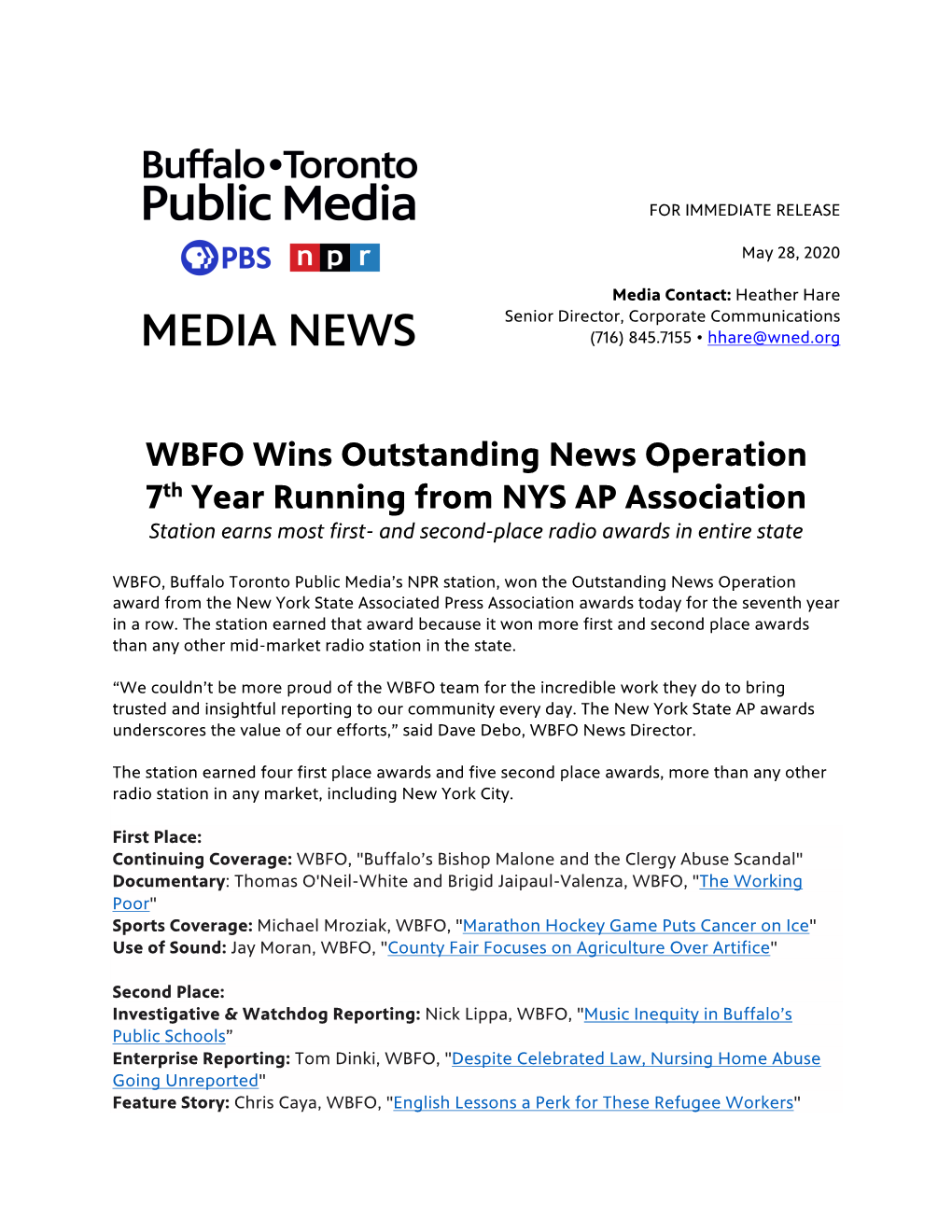 WBFO Wins Outstanding News Operation 7Th Year Running from NYS AP Association Station Earns Most First- and Second-Place Radio Awards in Entire State