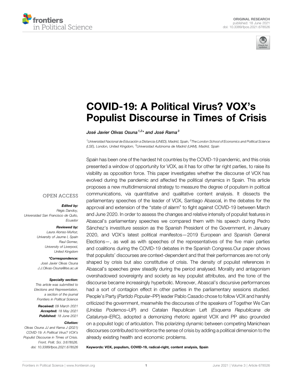 COVID-19: a Political Virus? VOX's Populist Discourse in Times of Crisis