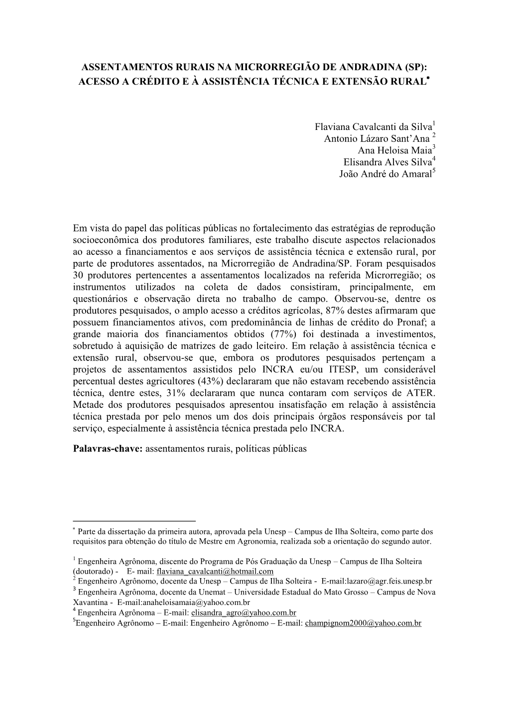 Assentamentos Rurais Na Microrregião De Andradina (Sp): Acesso a Crédito E À Assistência Técnica E Extensão Rural