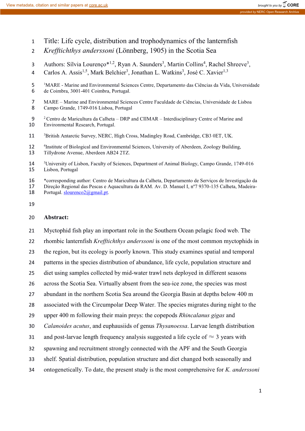 Life Cycle, Distribution and Trophodynamics of the Lanternfish 2 Krefftichthys Anderssoni (Lönnberg, 1905) in the Scotia Sea