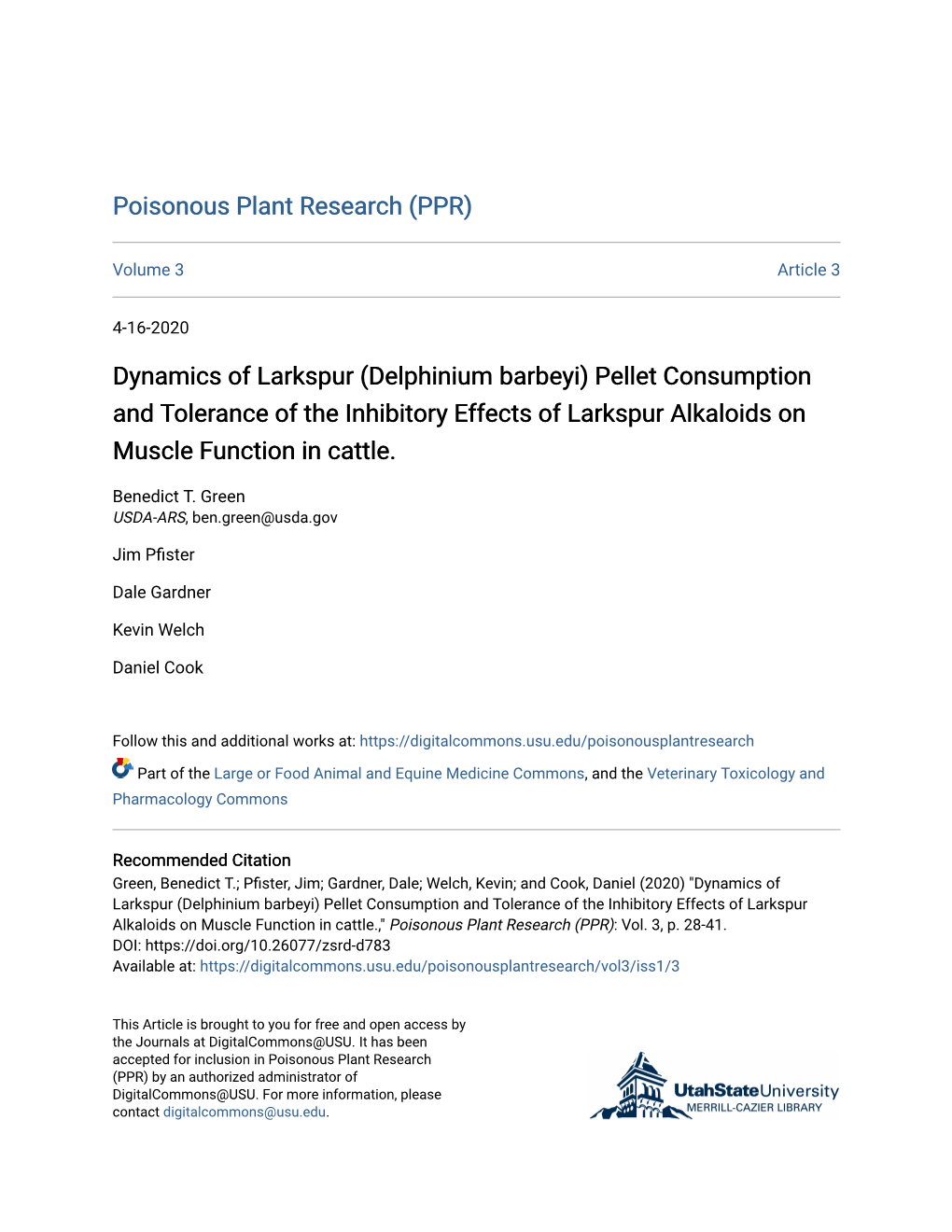 Delphinium Barbeyi) Pellet Consumption and Tolerance of the Inhibitory Effects of Larkspur Alkaloids on Muscle Function in Cattle