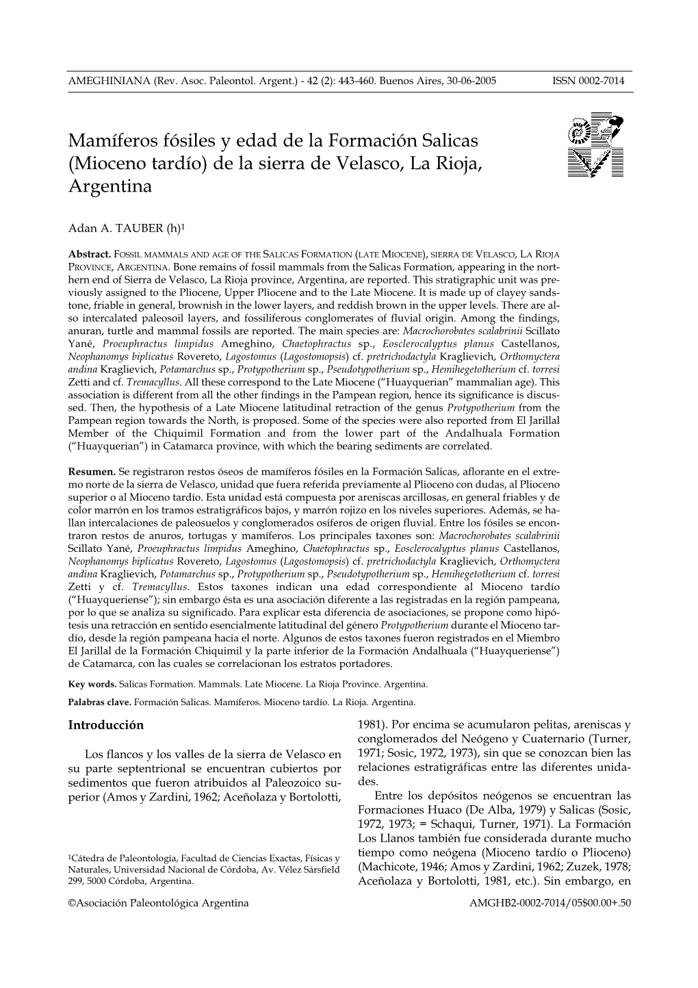 Mamíferos Fósiles Y Edad De La Formación Salicas (Mioceno Tardío) De La Sierra De Velasco, La Rioja, Argentina