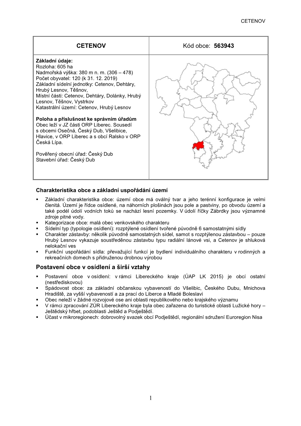 1 CETENOV Kód Obce: 563943 Postavení Obce V Osídlení a Širší