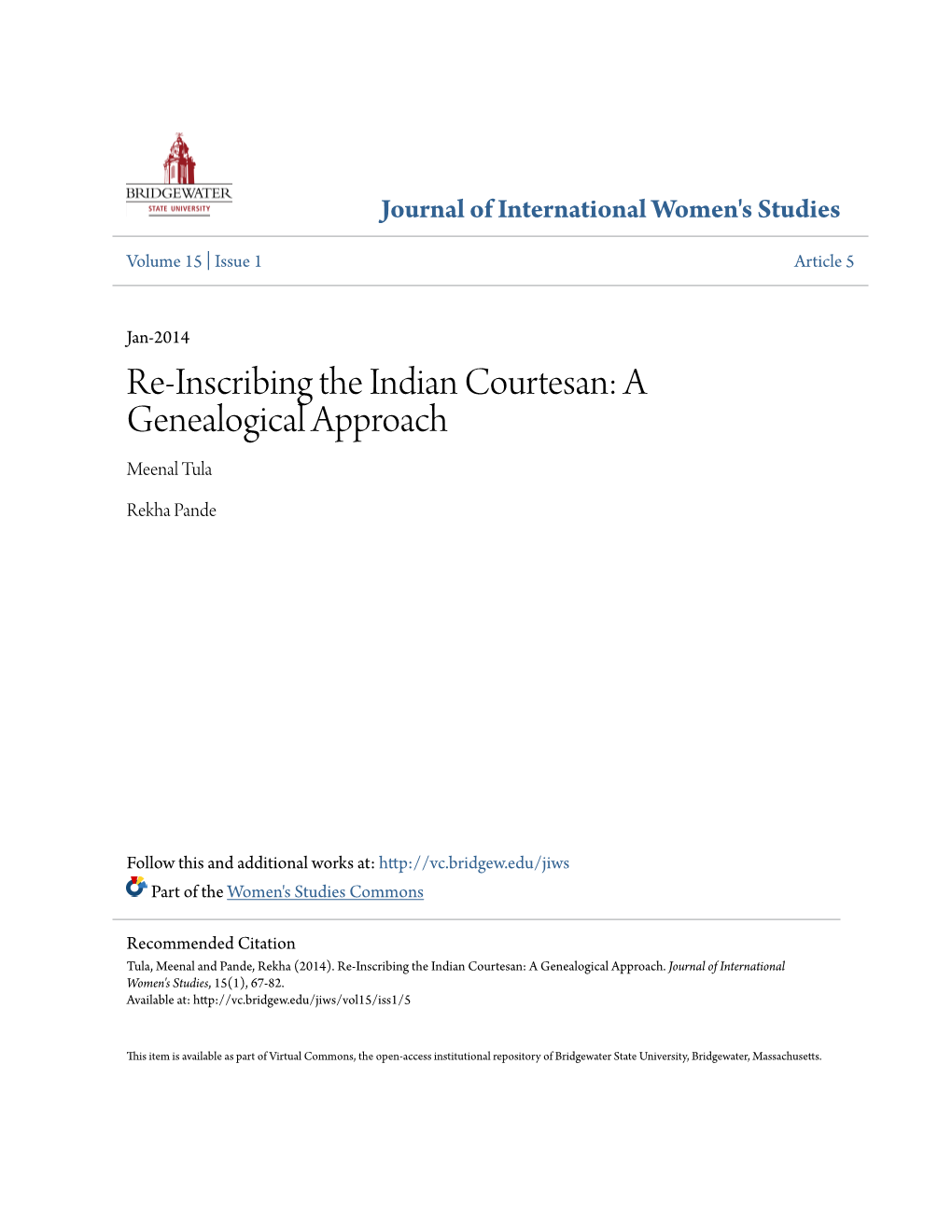 Re-Inscribing the Indian Courtesan: a Genealogical Approach Meenal Tula