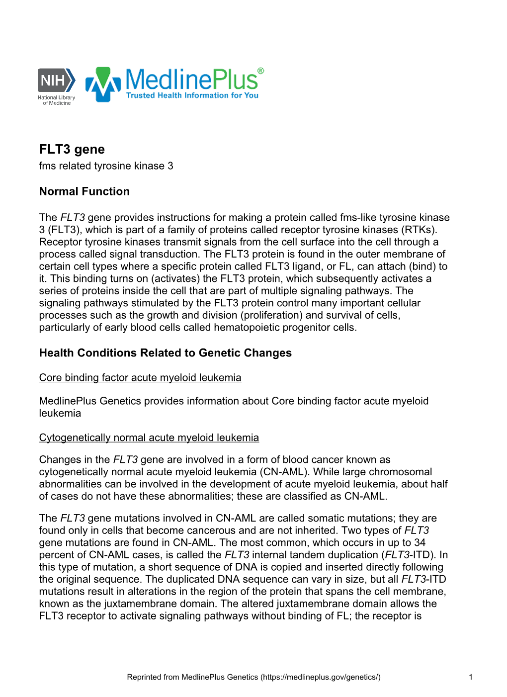 FLT3 Gene Fms Related Tyrosine Kinase 3