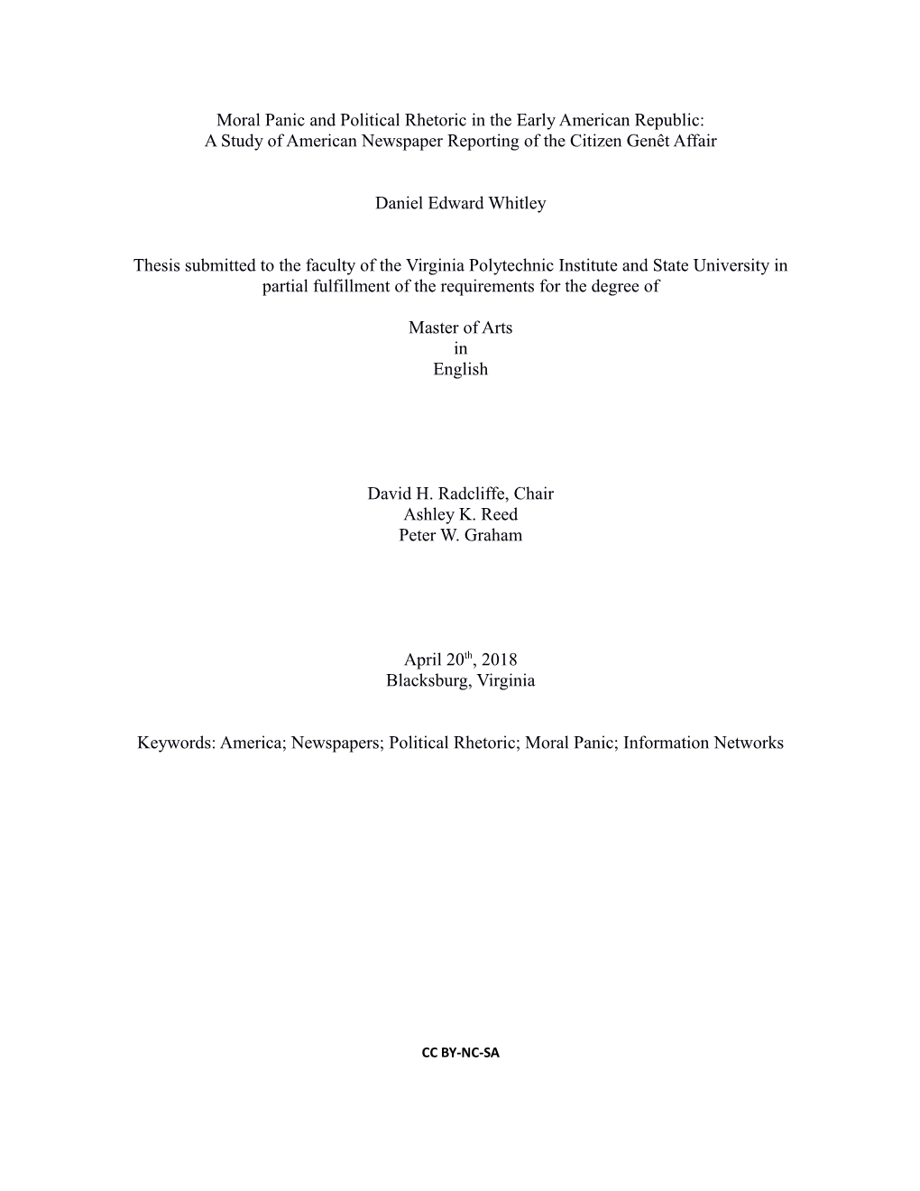 Moral Panic and Political Rhetoric in the Early American Republic: a Study of American Newspaper Reporting of the Citizen Genêt Affair