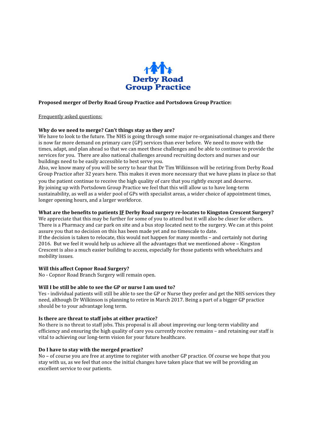 Proposed Merger of Derby Road Group Practice and Portsdown Group Practice