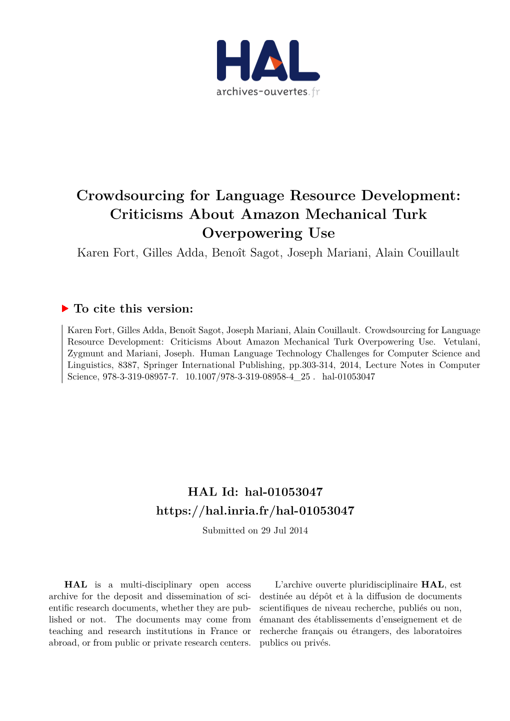 Criticisms About Amazon Mechanical Turk Overpowering Use Karen Fort, Gilles Adda, Benoît Sagot, Joseph Mariani, Alain Couillault