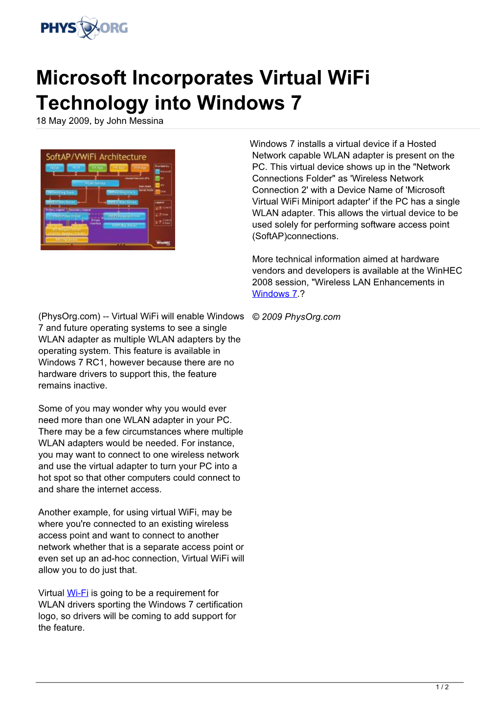 Microsoft Incorporates Virtual Wifi Technology Into Windows 7 18 May 2009, by John Messina