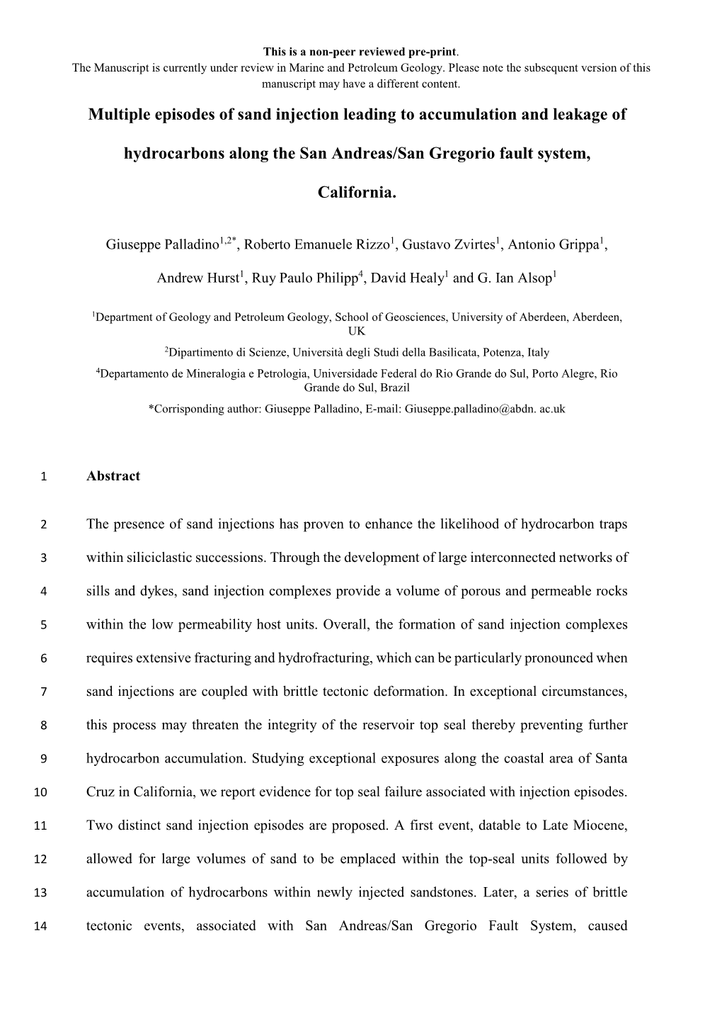 Multiple Episodes of Sand Injection Leading to Accumulation and Leakage of Hydrocarbons Along the San Andreas/San Gregorio Fault