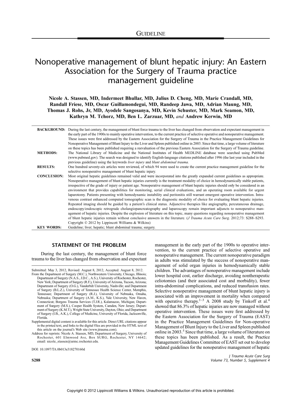 Nonoperative Management of Blunt Hepatic Injury: an Eastern Association for the Surgery of Trauma Practice Management Guideline