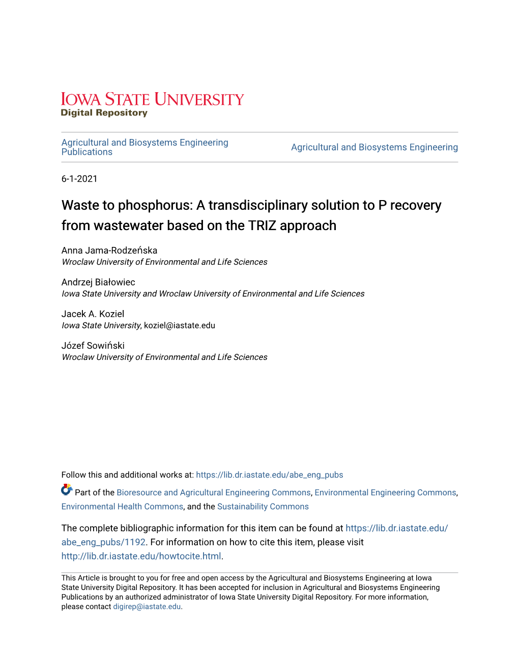 A Transdisciplinary Solution to P Recovery from Wastewater Based on the TRIZ Approach