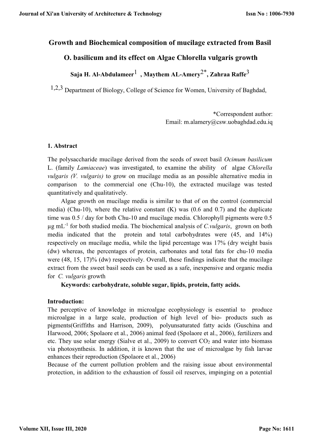 Growth and Biochemical Composition of Mucilage Extracted from Basil O