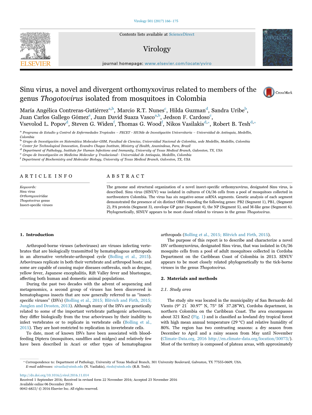 Sinu Virus, a Novel and Divergent Orthomyxovirus Related to Members of the Genus Thogotovirus Isolated from Mosquitoes in Colomb