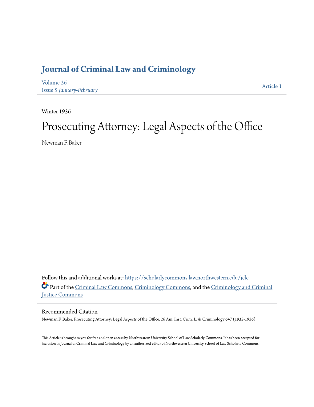 Prosecuting Attorney: Legal Aspects of the Office Newman F