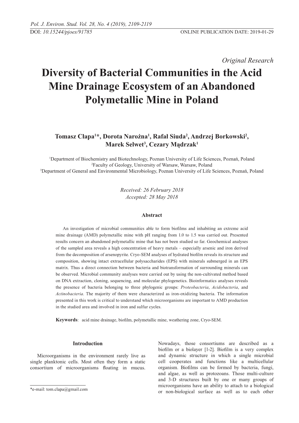 Diversity of Bacterial Communities in the Acid Mine Drainage Ecosystem of an Abandoned Polymetallic Mine in Poland