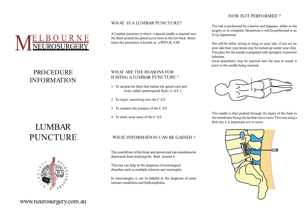 LUMBAR PUNCTURE? the Test Is Performed by a Doctor and Happens Either in the Surgery Or in a Hospital